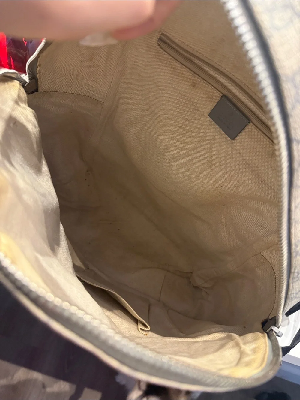 Gucci Beige GG Supreme Canvas Backpack with Gray Leather Trim